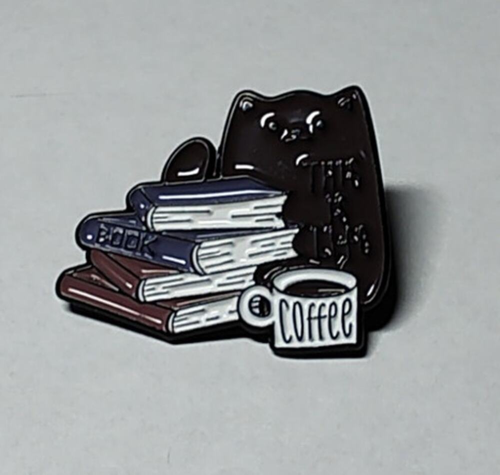 Cute Brown Cat Coffee & Book Pin This Is Life Kitty Lapel Hat Brooch
